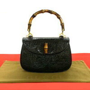 Gucci Green GUCCI bamboo crocodile leather handbag black